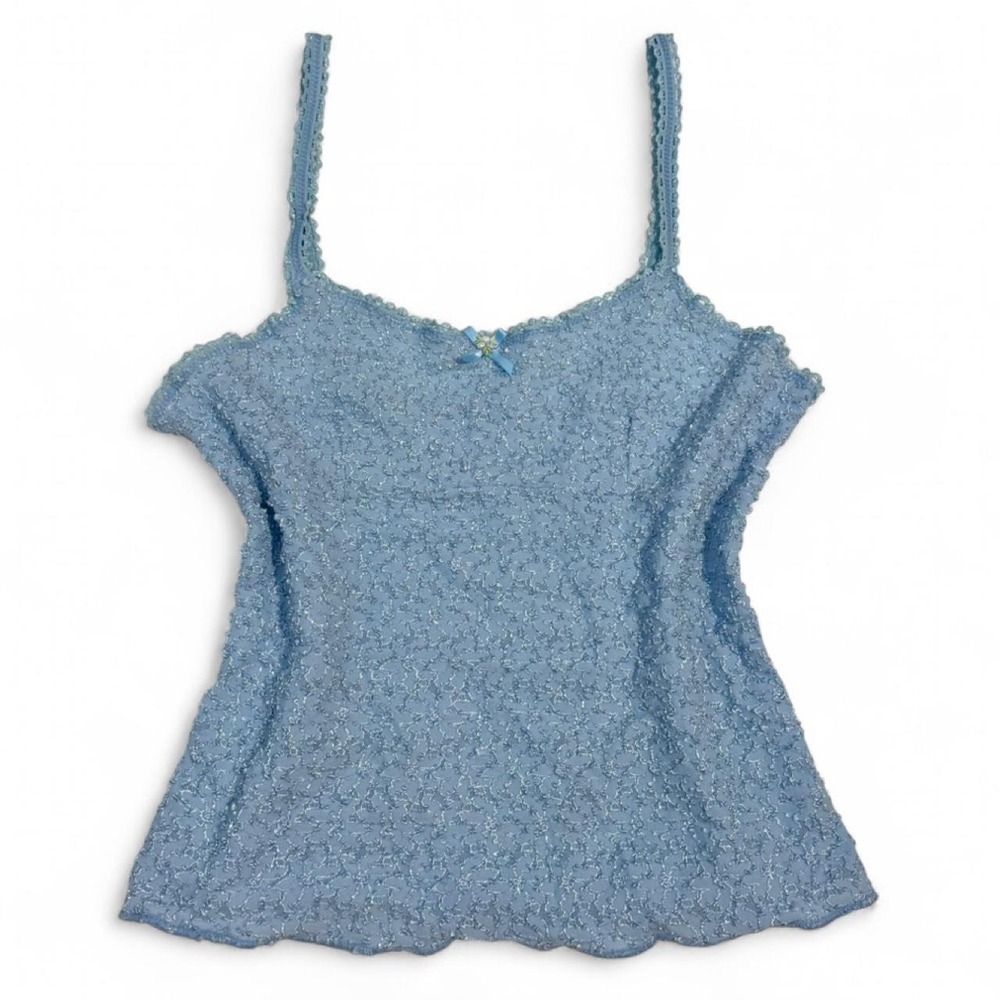 Vintage Y2K Cherokee Blue Lace Coquette Fairy Cami Top Bow Detail Medium